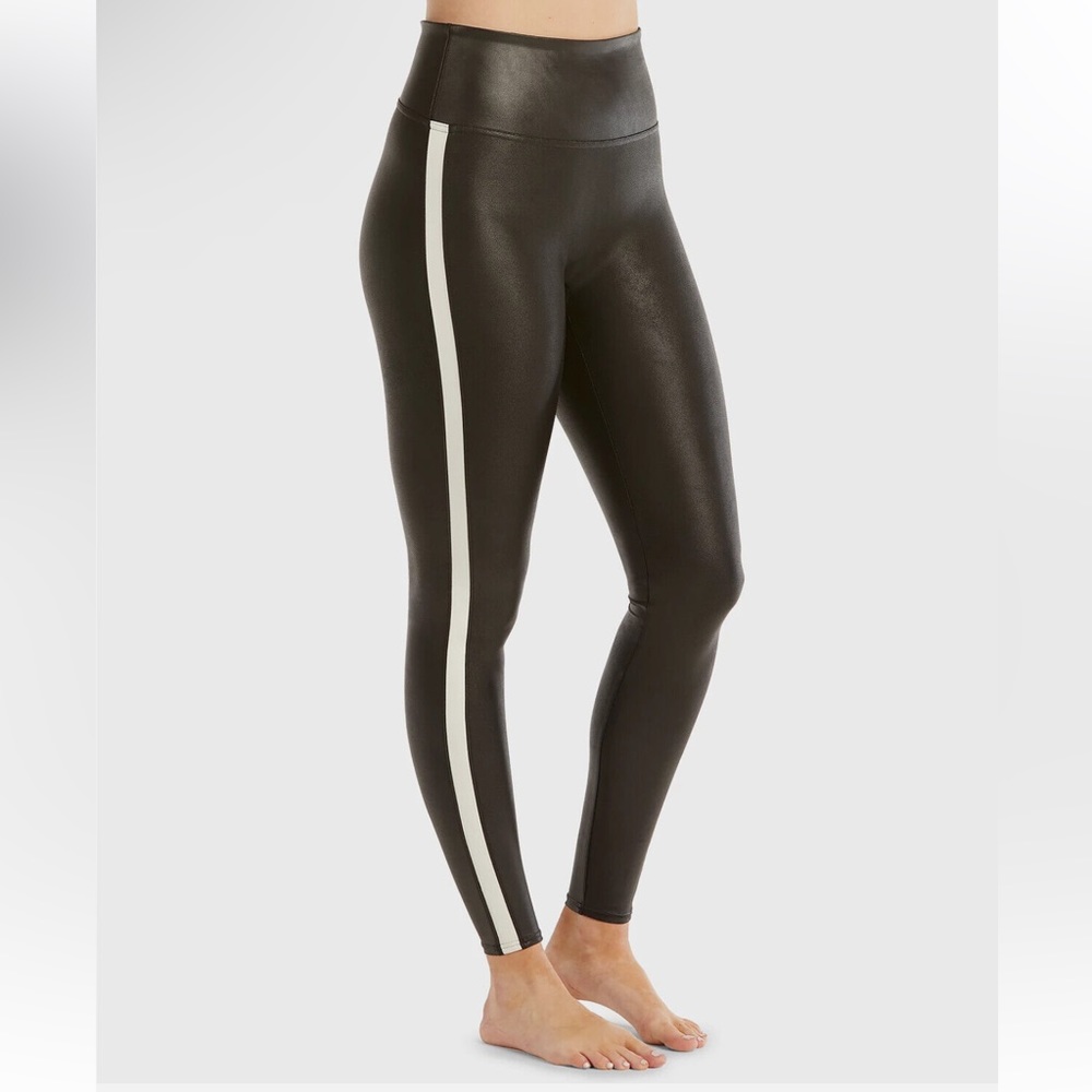 Spanx Faux Leather Black White Side Stripe Leggings large